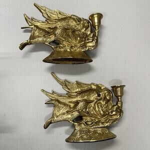 VINTAGE Pair Angels Brass Metal Table Top Candle Stick Holders Taper 7.5in